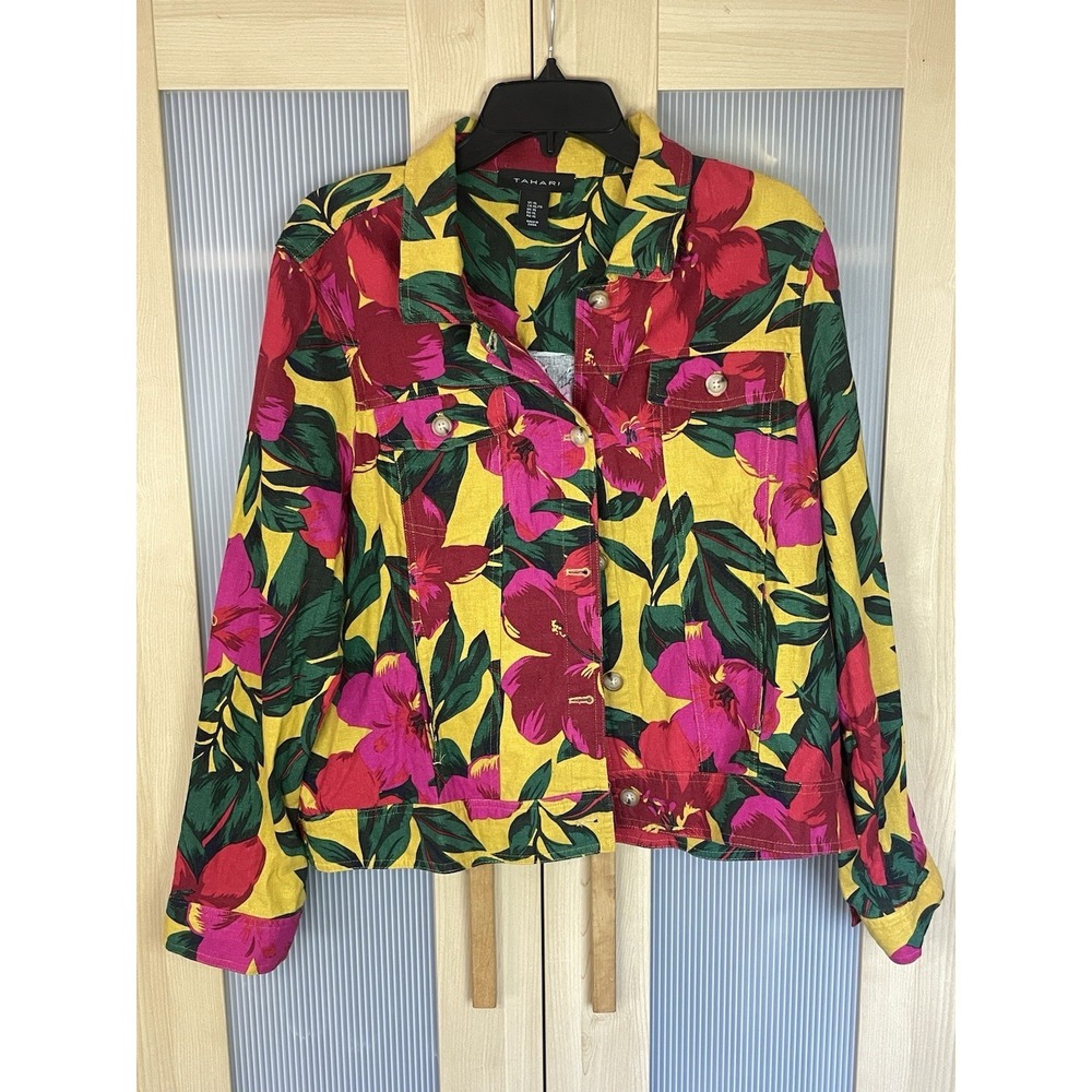 Tahari Linen Jacket Women's XL Boho Floral Resort Casual Tropical Travel Summer